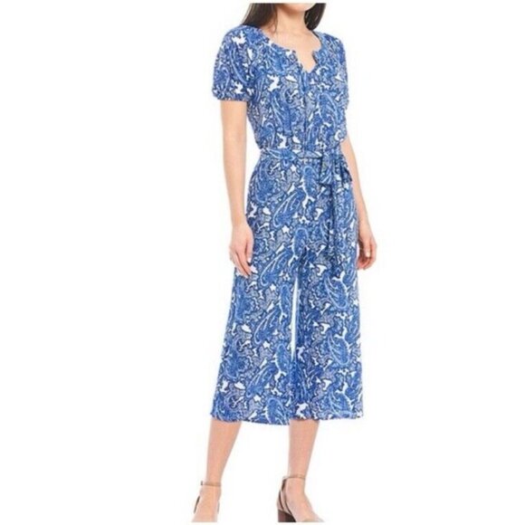 Michael Kors Jumpsuit Pants L Large Colorful Wide Leg Blue White Paisley $135 - Picture 1 of 11